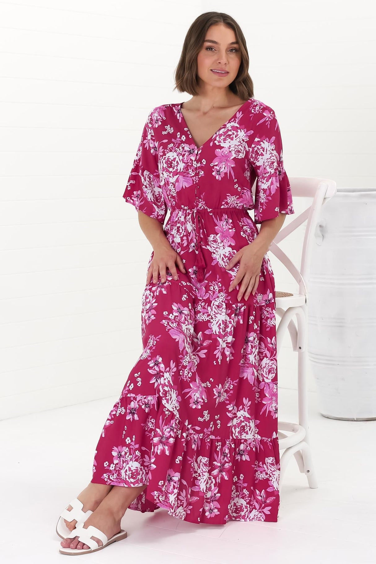 Rae Maxi Dress - Buttoned Bodice Pull Waist A Line Dress in Kimberly Print