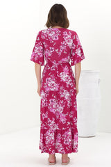 Rae Maxi Dress - Buttoned Bodice Pull Waist A Line Dress in Kimberly Print