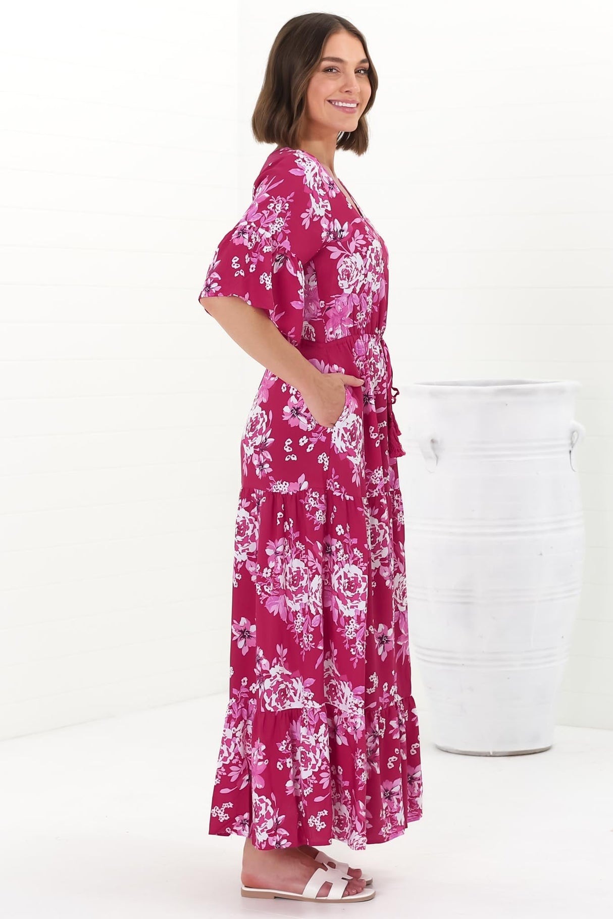 Rae Maxi Dress - Buttoned Bodice Pull Waist A Line Dress in Kimberly Print