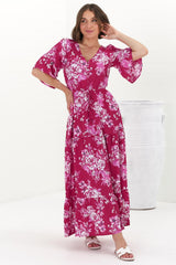 Rae Maxi Dress - Buttoned Bodice Pull Waist A Line Dress in Kimberly Print