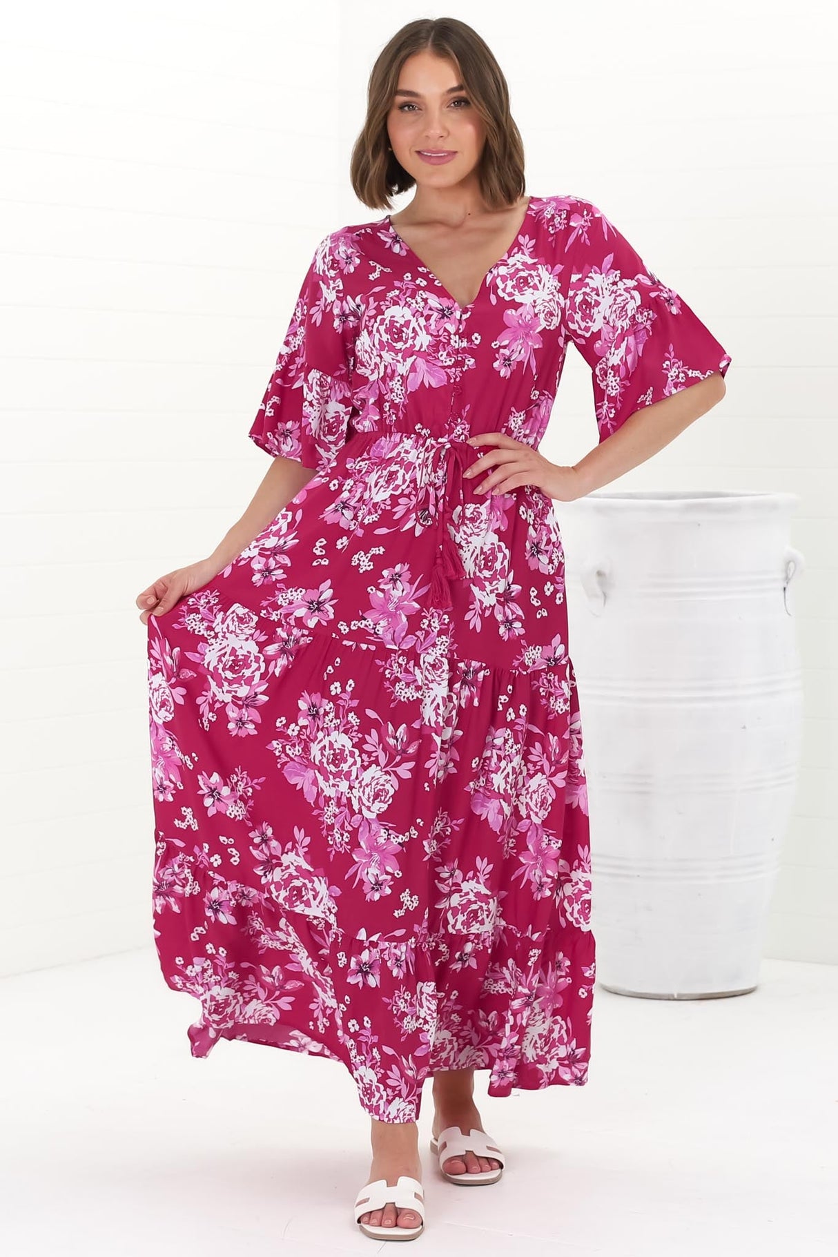 Rae Maxi Dress - Buttoned Bodice Pull Waist A Line Dress in Kimberly Print