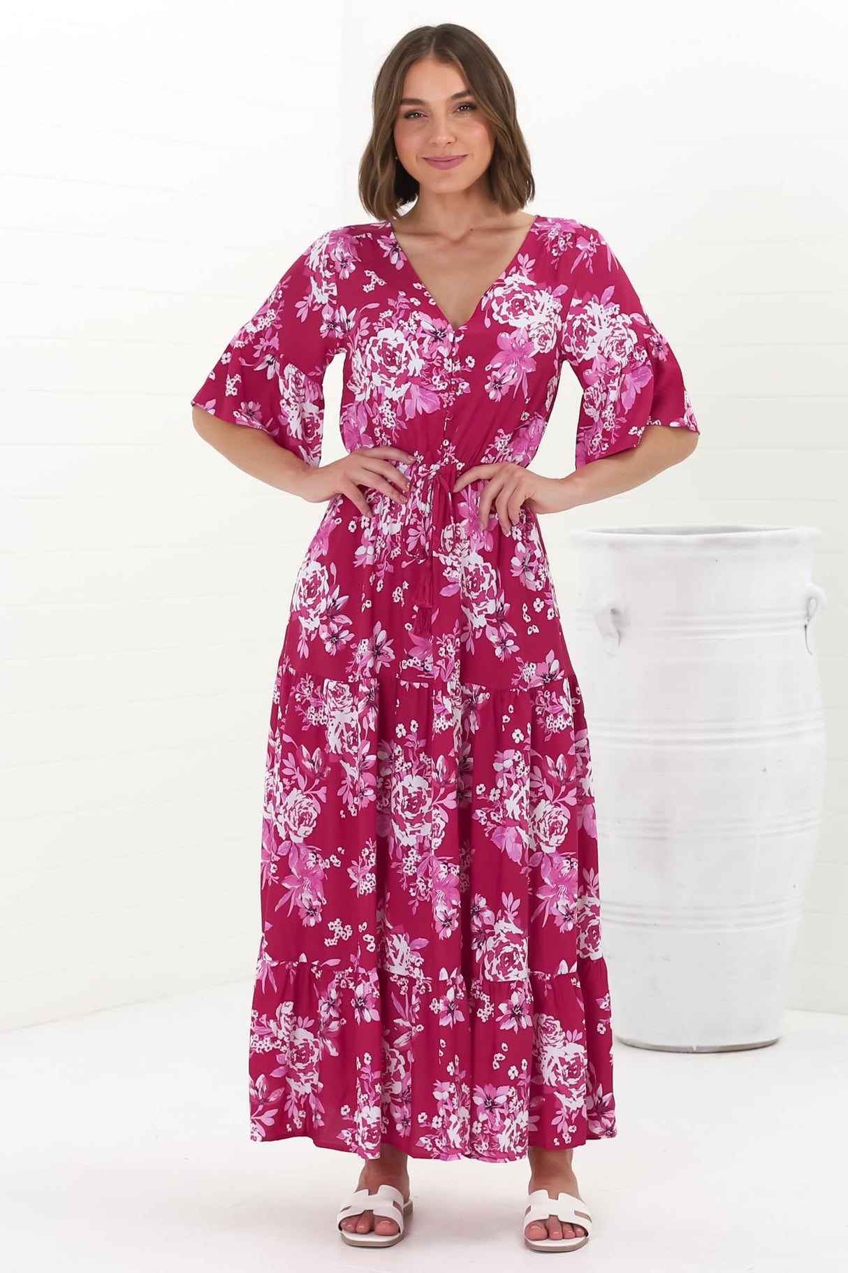 Rae Maxi Dress - Buttoned Bodice Pull Waist A Line Dress in Kimberly Print