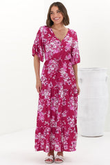 Rae Maxi Dress - Buttoned Bodice Pull Waist A Line Dress in Kimberly Print