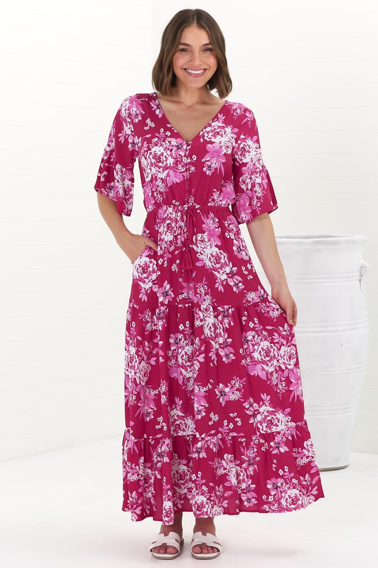 Rae Maxi Dress - Buttoned Bodice Pull Waist A Line Dress in Kimberly Print