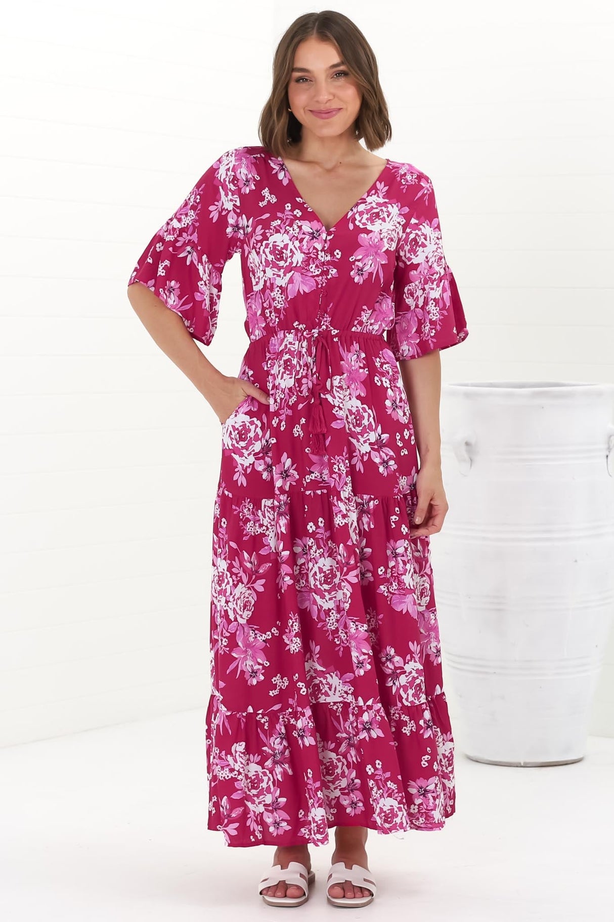 Rae Maxi Dress - Buttoned Bodice Pull Waist A Line Dress in Kimberly Print