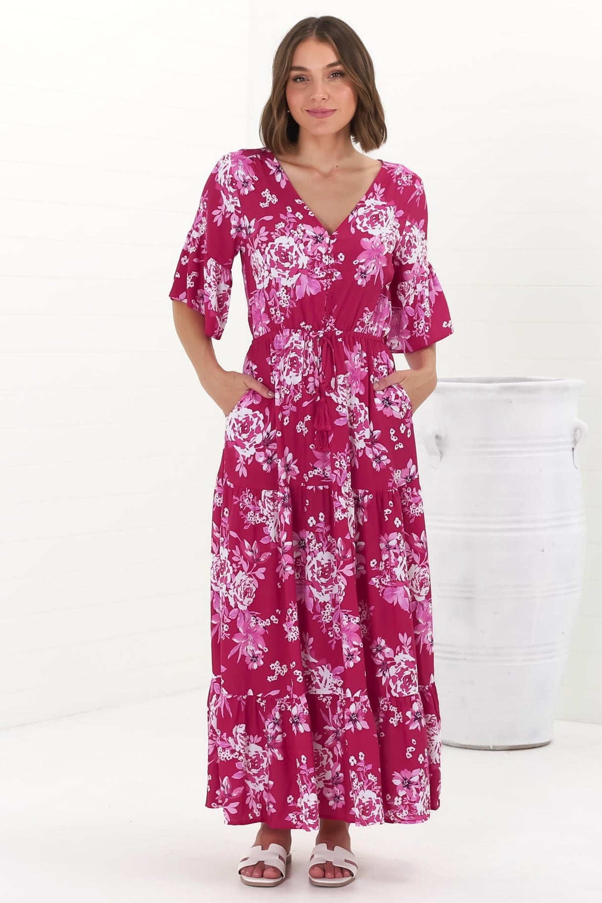 Rae Maxi Dress - Buttoned Bodice Pull Waist A Line Dress in Kimberly Print