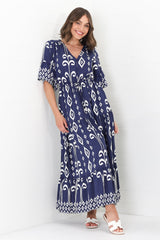 Rae Maxi Dress - Buttoned Bodice Pull Waist A Line Dress in Lark Print Blue