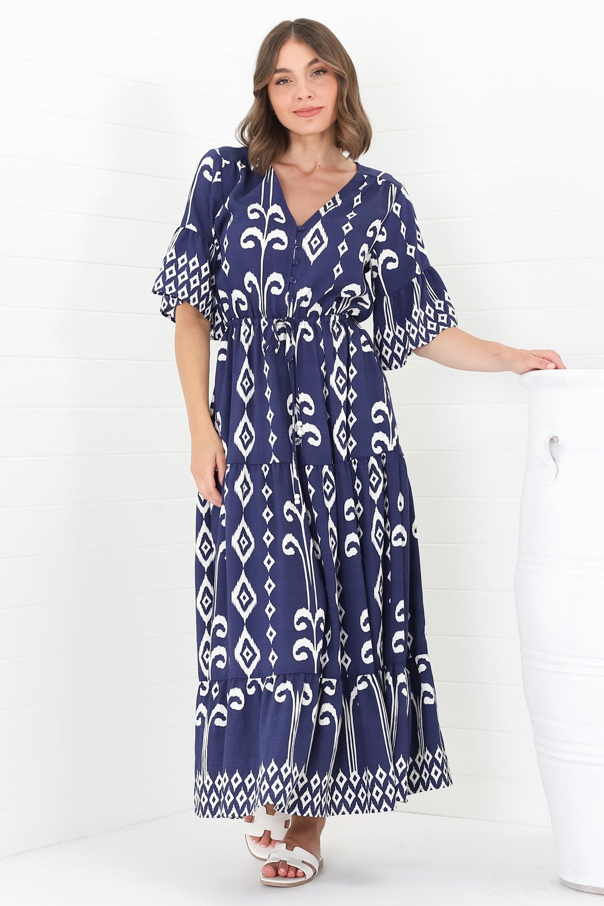 Rae Maxi Dress - Buttoned Bodice Pull Waist A Line Dress in Lark Print Blue