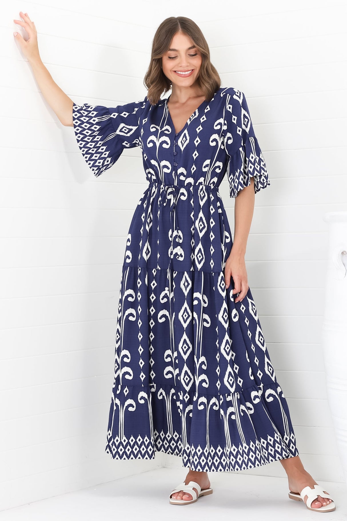 Rae Maxi Dress - Buttoned Bodice Pull Waist A Line Dress in Lark Print Blue