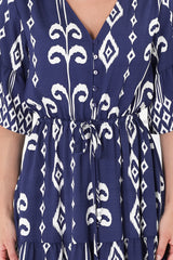 Rae Maxi Dress - Buttoned Bodice Pull Waist A Line Dress in Lark Print Blue