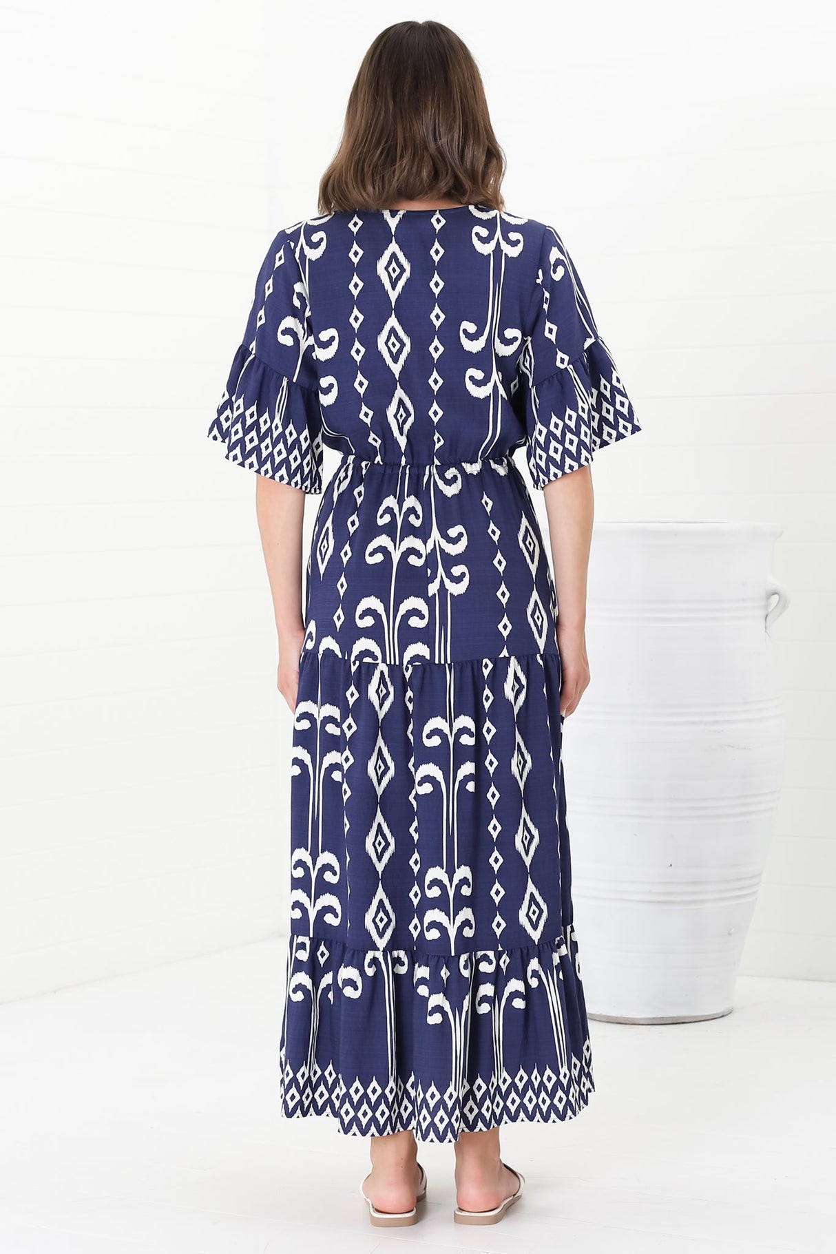 Rae Maxi Dress - Buttoned Bodice Pull Waist A Line Dress in Lark Print Blue