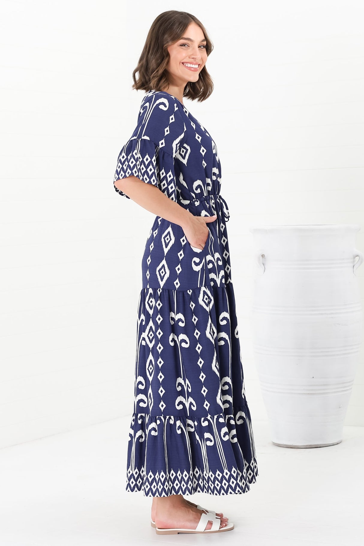 Rae Maxi Dress - Buttoned Bodice Pull Waist A Line Dress in Lark Print Blue