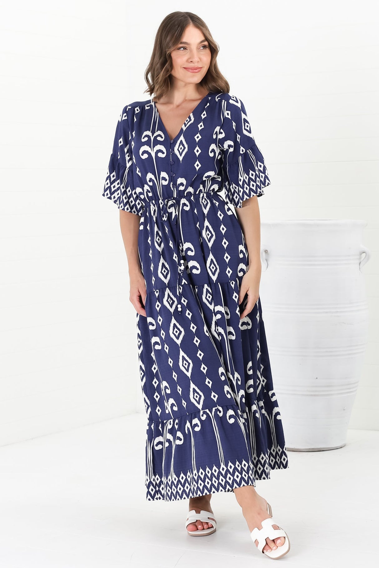 Rae Maxi Dress - Buttoned Bodice Pull Waist A Line Dress in Lark Print Blue