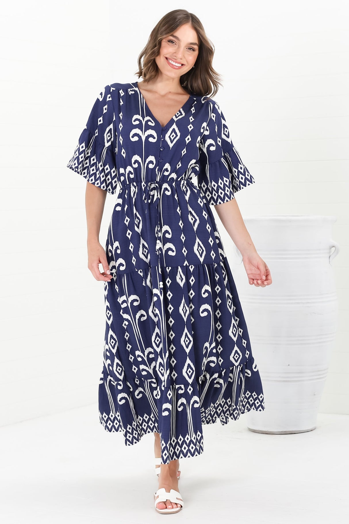 Rae Maxi Dress - Buttoned Bodice Pull Waist A Line Dress in Lark Print Blue