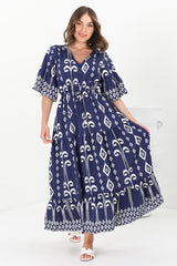 Rae Maxi Dress - Buttoned Bodice Pull Waist A Line Dress in Lark Print Blue