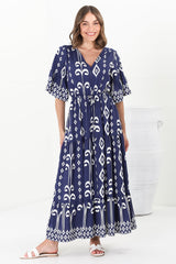 Rae Maxi Dress - Buttoned Bodice Pull Waist A Line Dress in Lark Print Blue