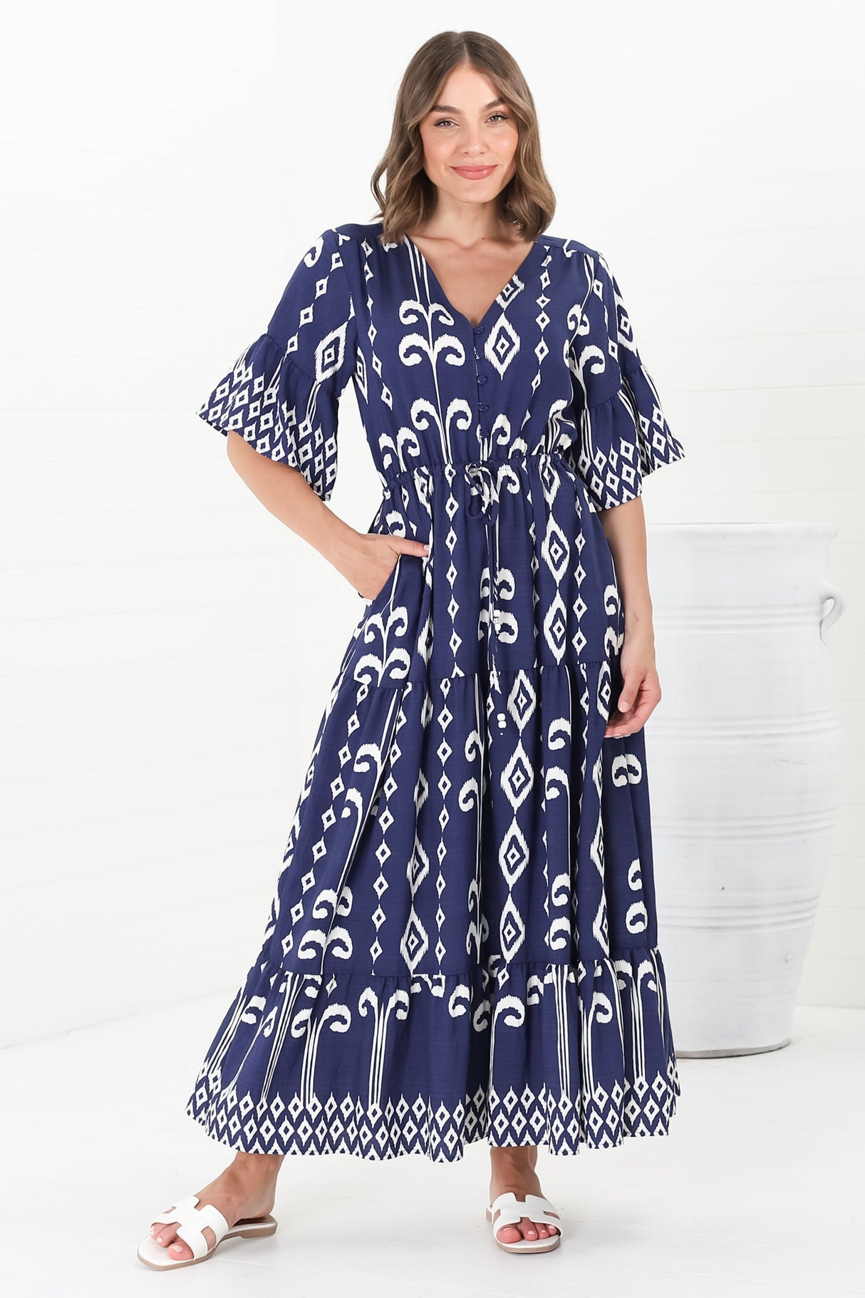 Rae Maxi Dress - Buttoned Bodice Pull Waist A Line Dress in Lark Print Blue