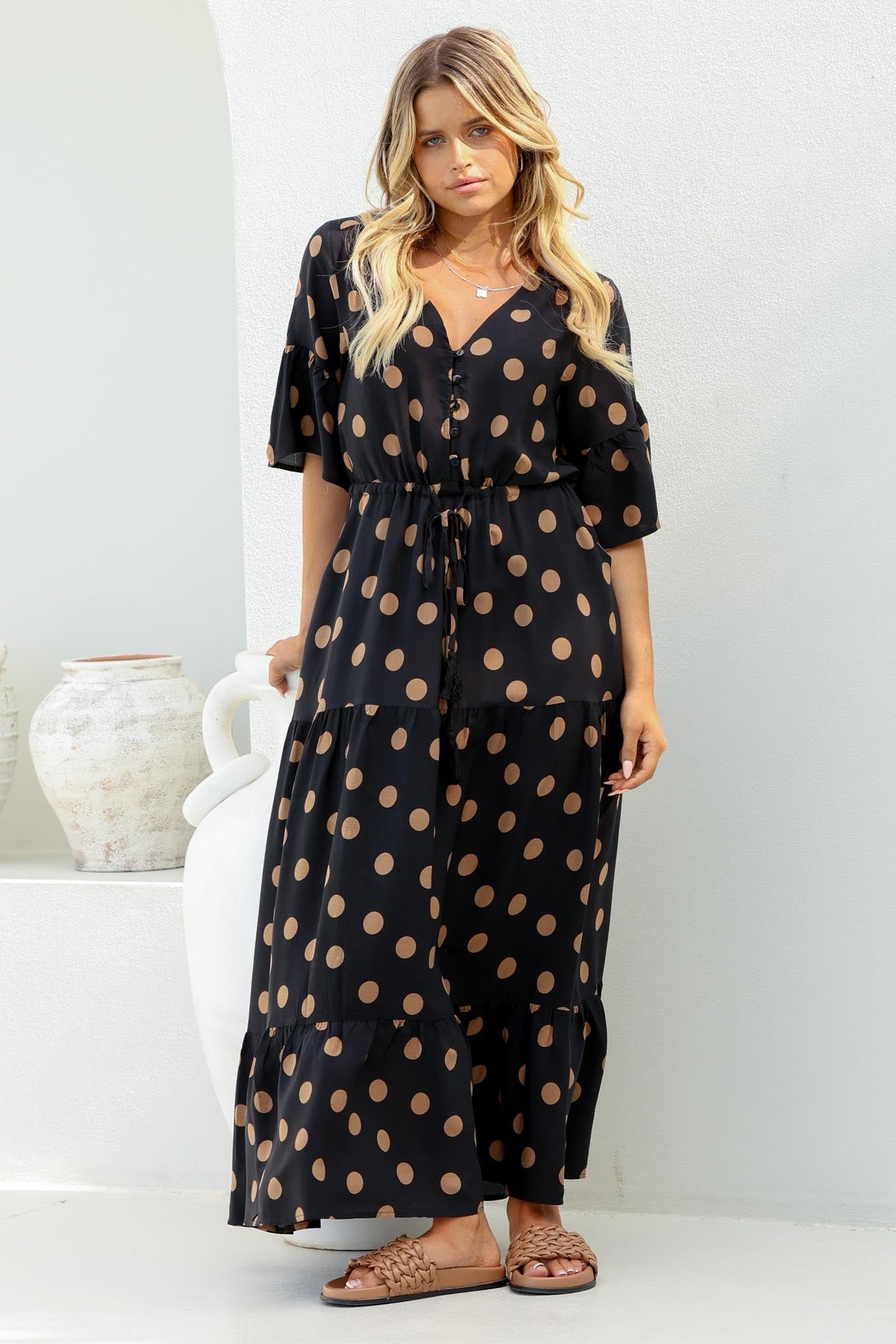 Rae Maxi Dress - Buttoned Bodice Pull Waist A Line Dress in Mahony Print