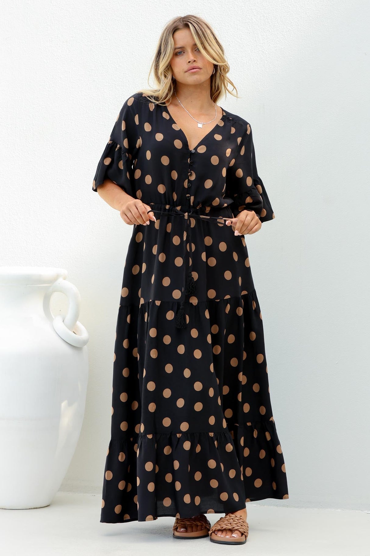 Rae Maxi Dress - Buttoned Bodice Pull Waist A Line Dress in Mahony Print