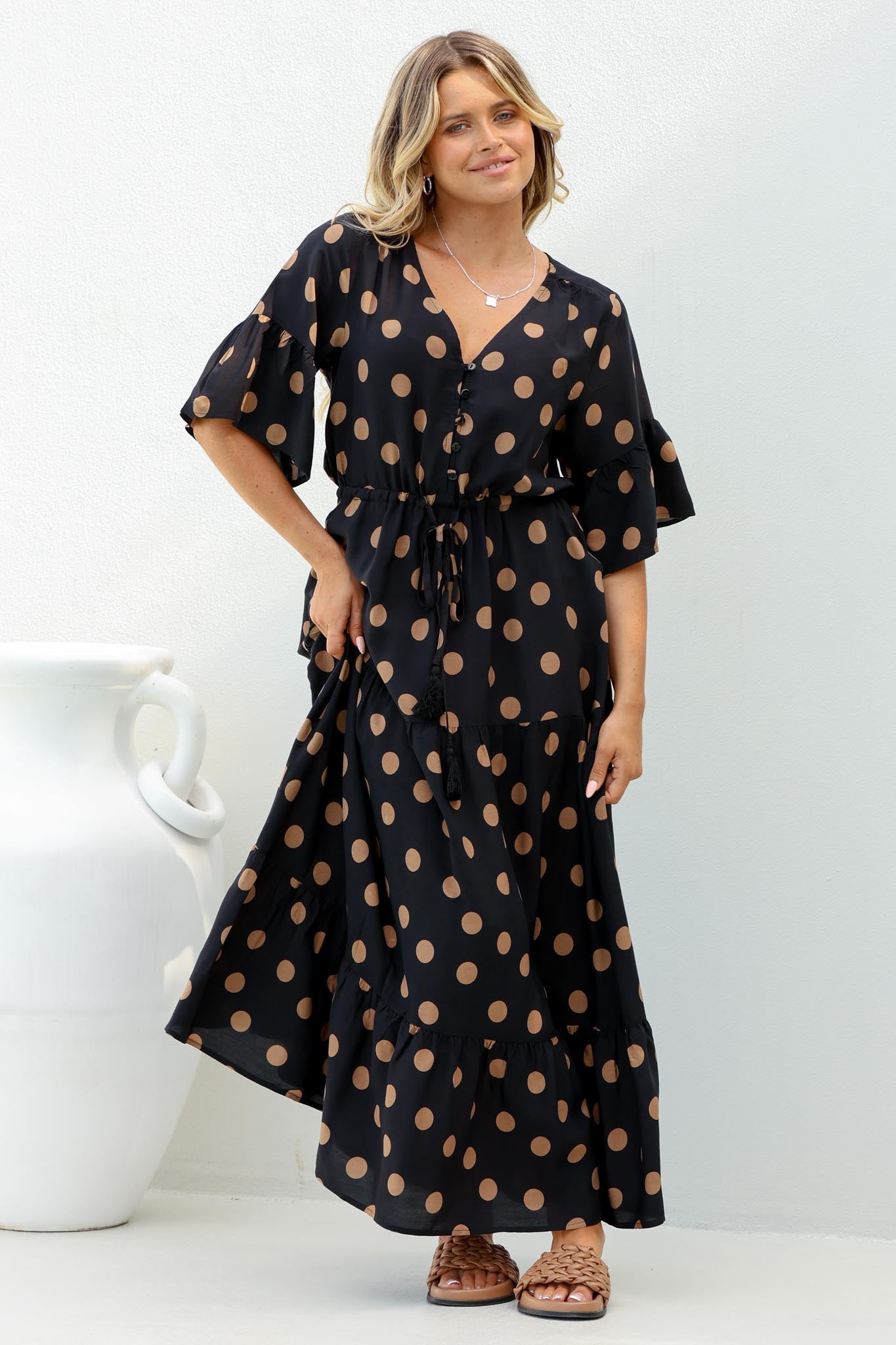 Rae Maxi Dress - Buttoned Bodice Pull Waist A Line Dress in Mahony Print