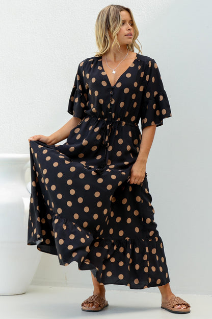 Rae Maxi Dress - Buttoned Bodice Pull Waist A Line Dress in Mahony Print