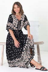 Rae Maxi Dress - Buttoned Bodice Pull Waist A Line Dress in Valia Print Black