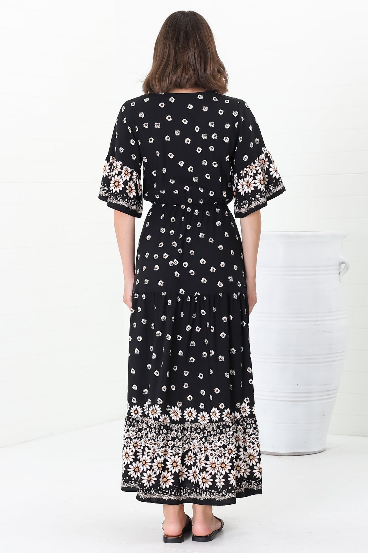 Rae Maxi Dress - Buttoned Bodice Pull Waist A Line Dress in Valia Print Black