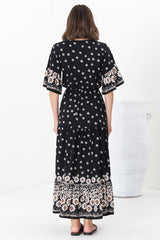 Rae Maxi Dress - Buttoned Bodice Pull Waist A Line Dress in Valia Print Black