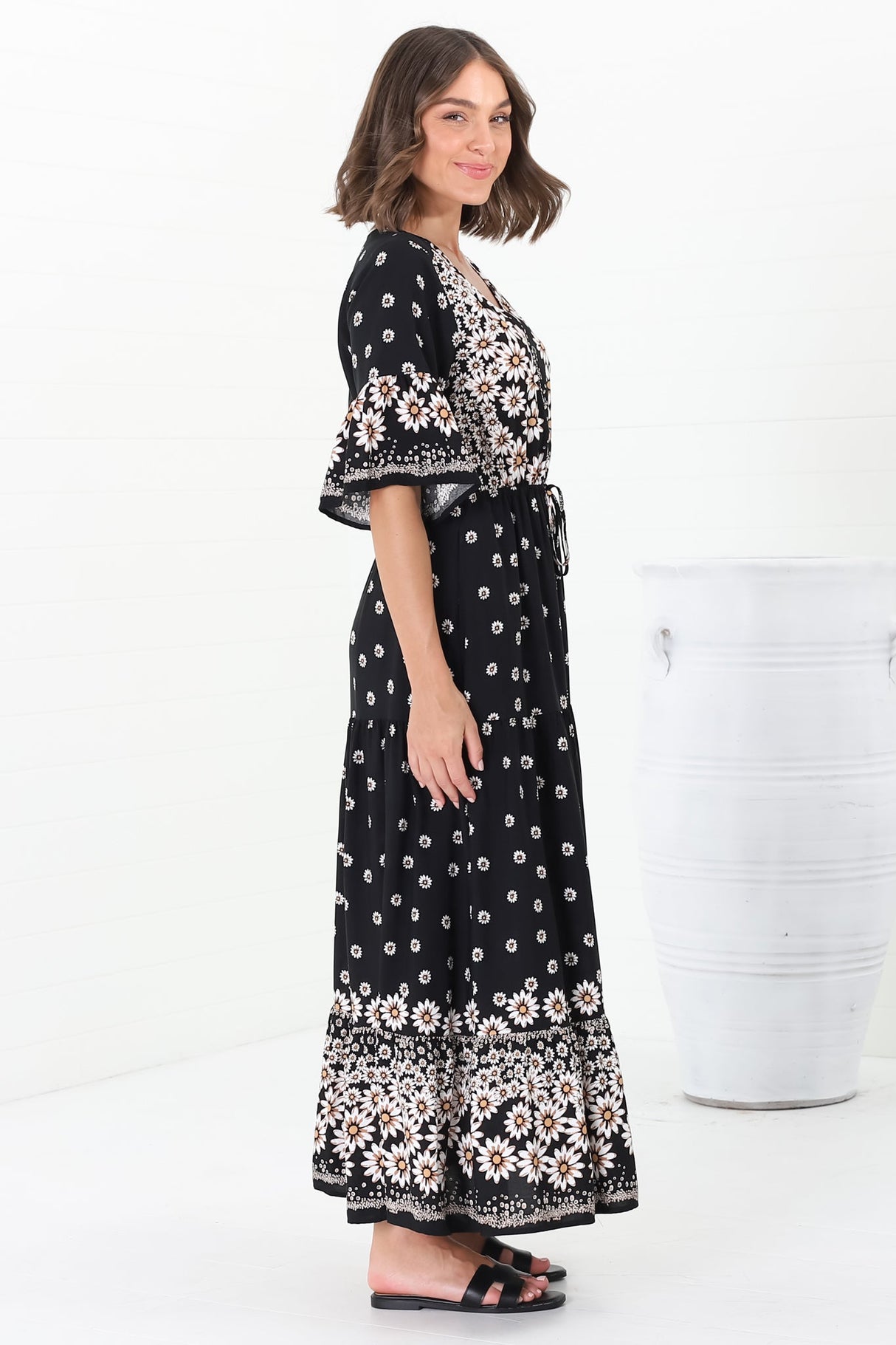 Rae Maxi Dress - Buttoned Bodice Pull Waist A Line Dress in Valia Print Black