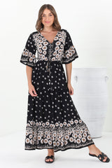 Rae Maxi Dress - Buttoned Bodice Pull Waist A Line Dress in Valia Print Black