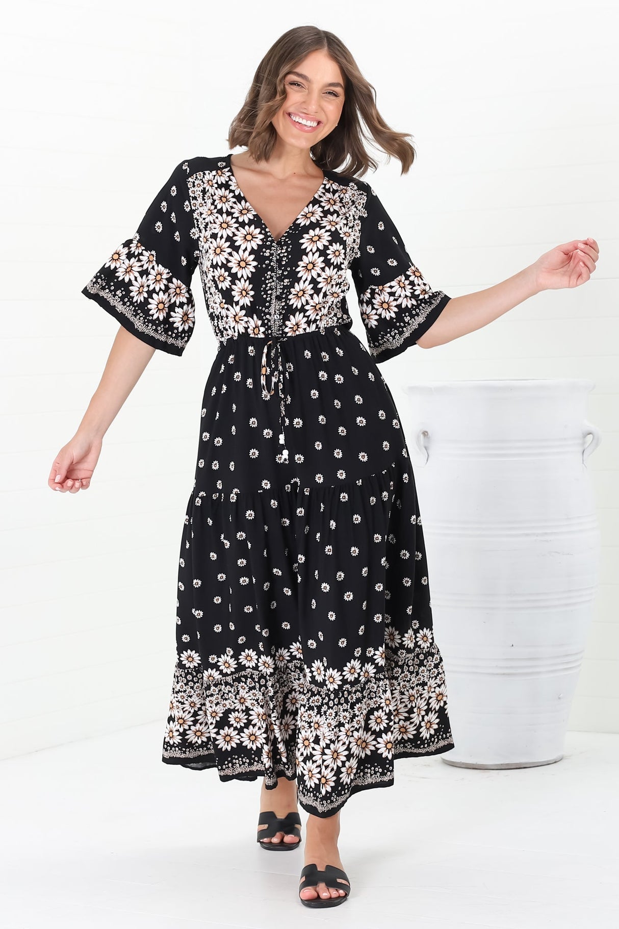 Rae Maxi Dress - Buttoned Bodice Pull Waist A Line Dress in Valia Print Black