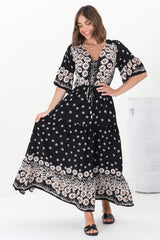 Rae Maxi Dress - Buttoned Bodice Pull Waist A Line Dress in Valia Print Black