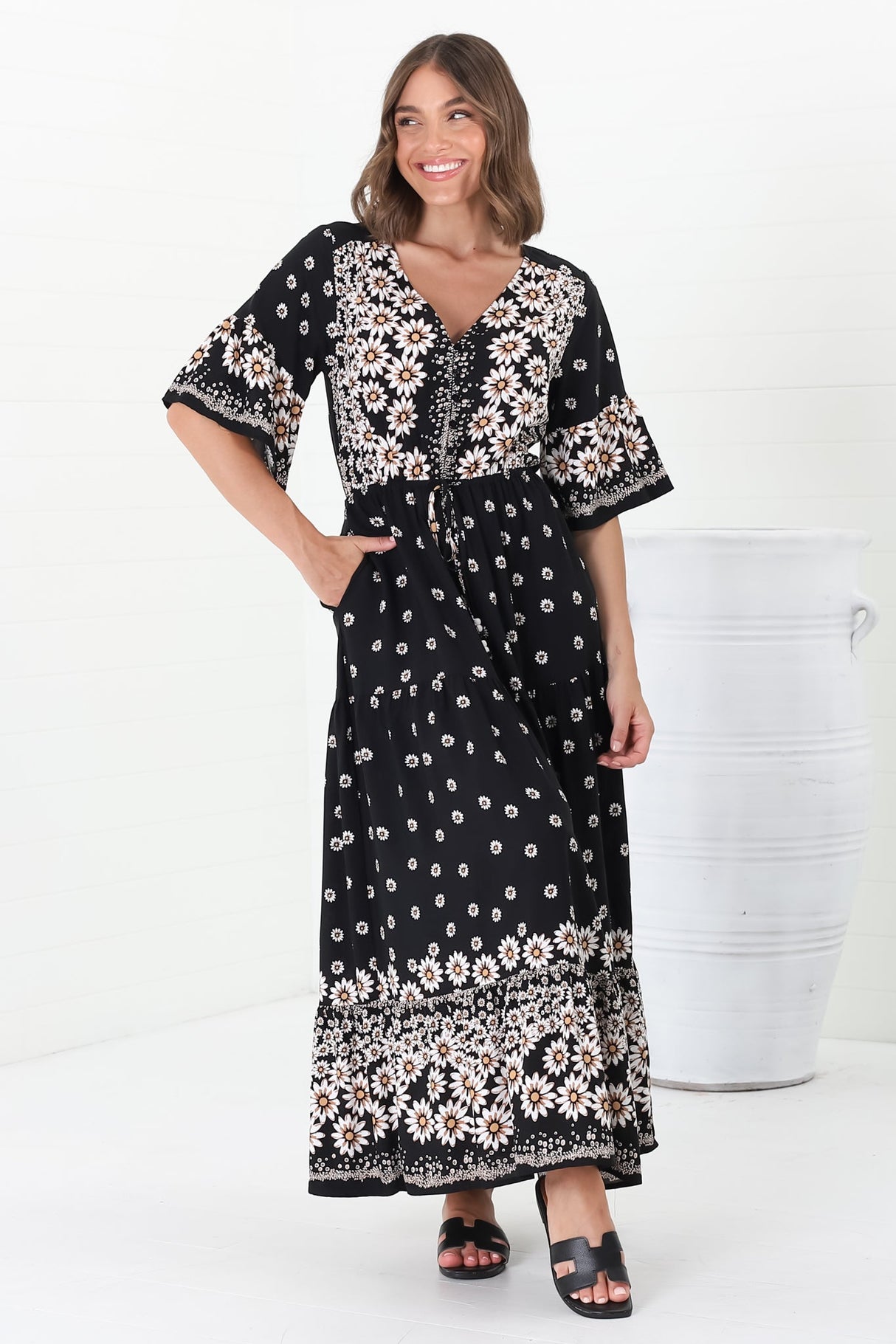 Rae Maxi Dress - Buttoned Bodice Pull Waist A Line Dress in Valia Print Black