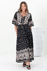 Rae Maxi Dress - Buttoned Bodice Pull Waist A Line Dress in Valia Print Black