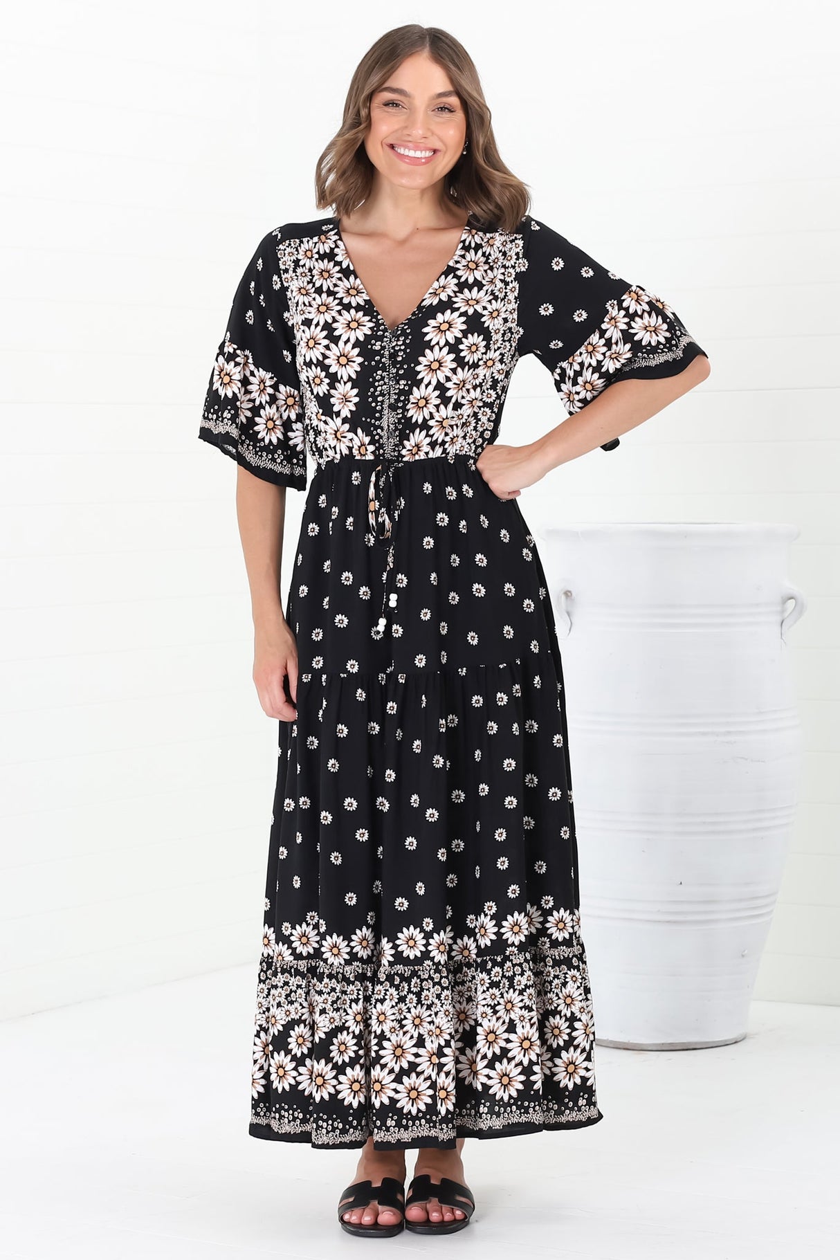 Rae Maxi Dress - Buttoned Bodice Pull Waist A Line Dress in Valia Print Black