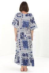 Rae Maxi Dress - Buttoned Bodice Pull Waist A Line Dress in Loa Print Blue