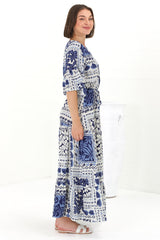 Rae Maxi Dress - Buttoned Bodice Pull Waist A Line Dress in Loa Print Blue