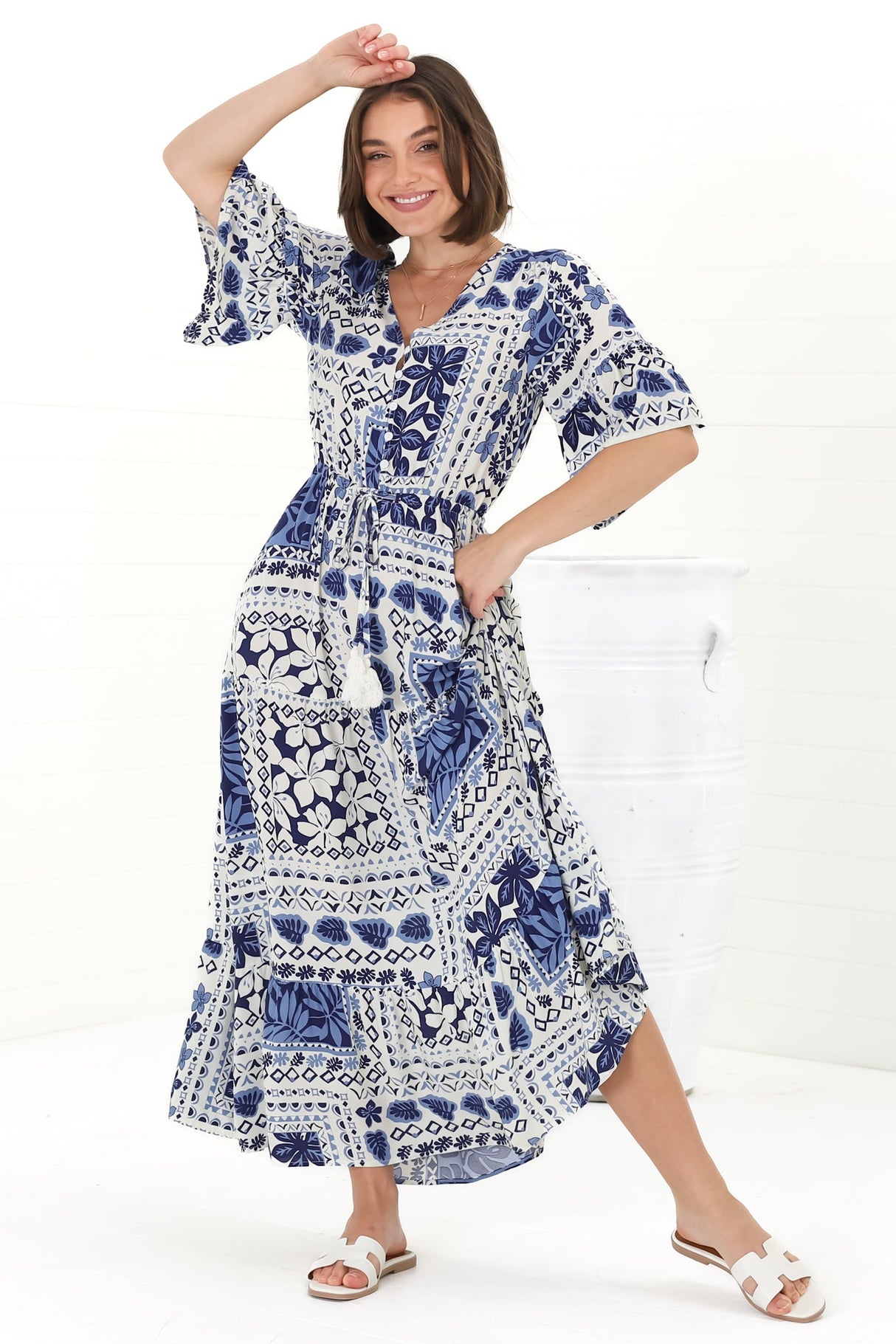 Rae Maxi Dress - Buttoned Bodice Pull Waist A Line Dress in Loa Print Blue