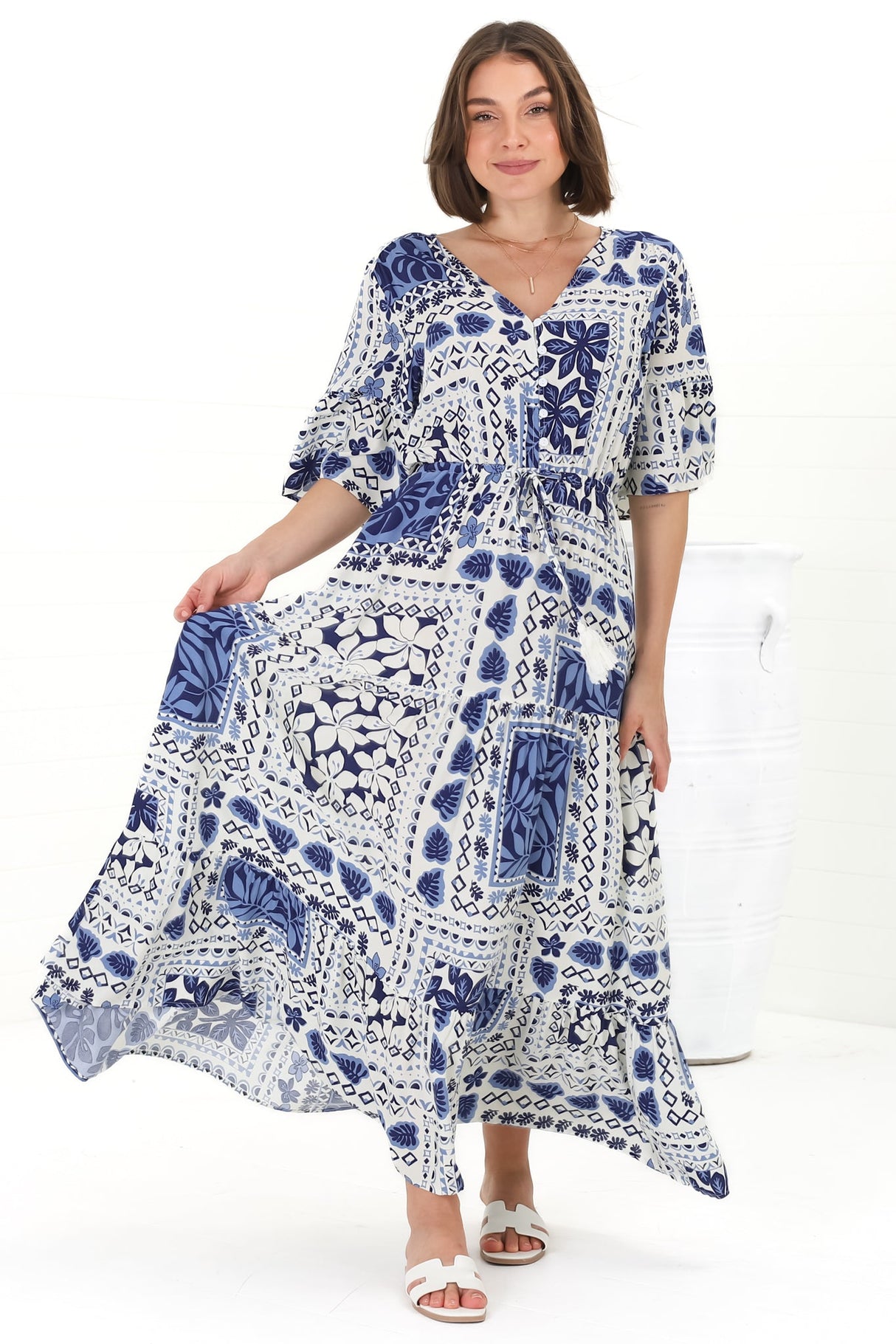 Rae Maxi Dress - Buttoned Bodice Pull Waist A Line Dress in Loa Print Blue