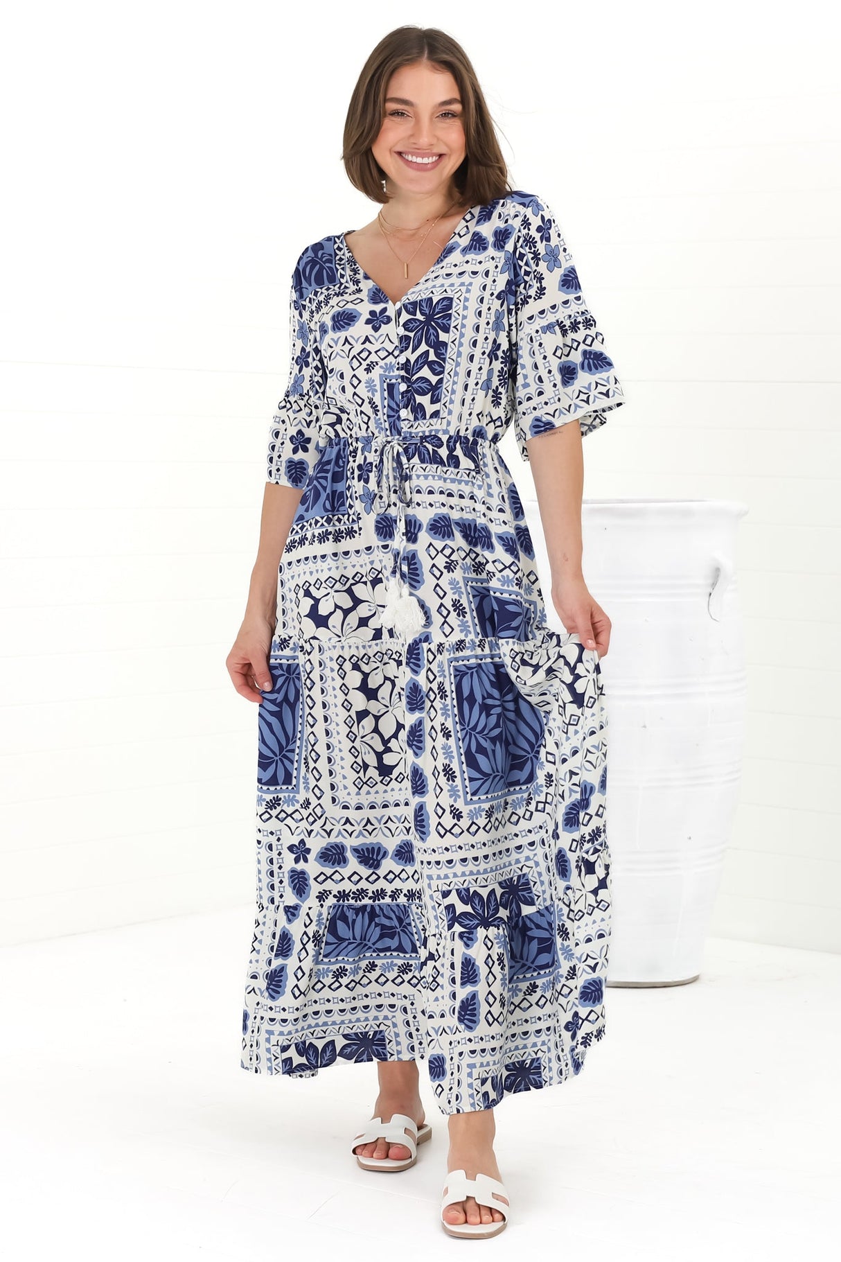 Rae Maxi Dress - Buttoned Bodice Pull Waist A Line Dress in Loa Print Blue