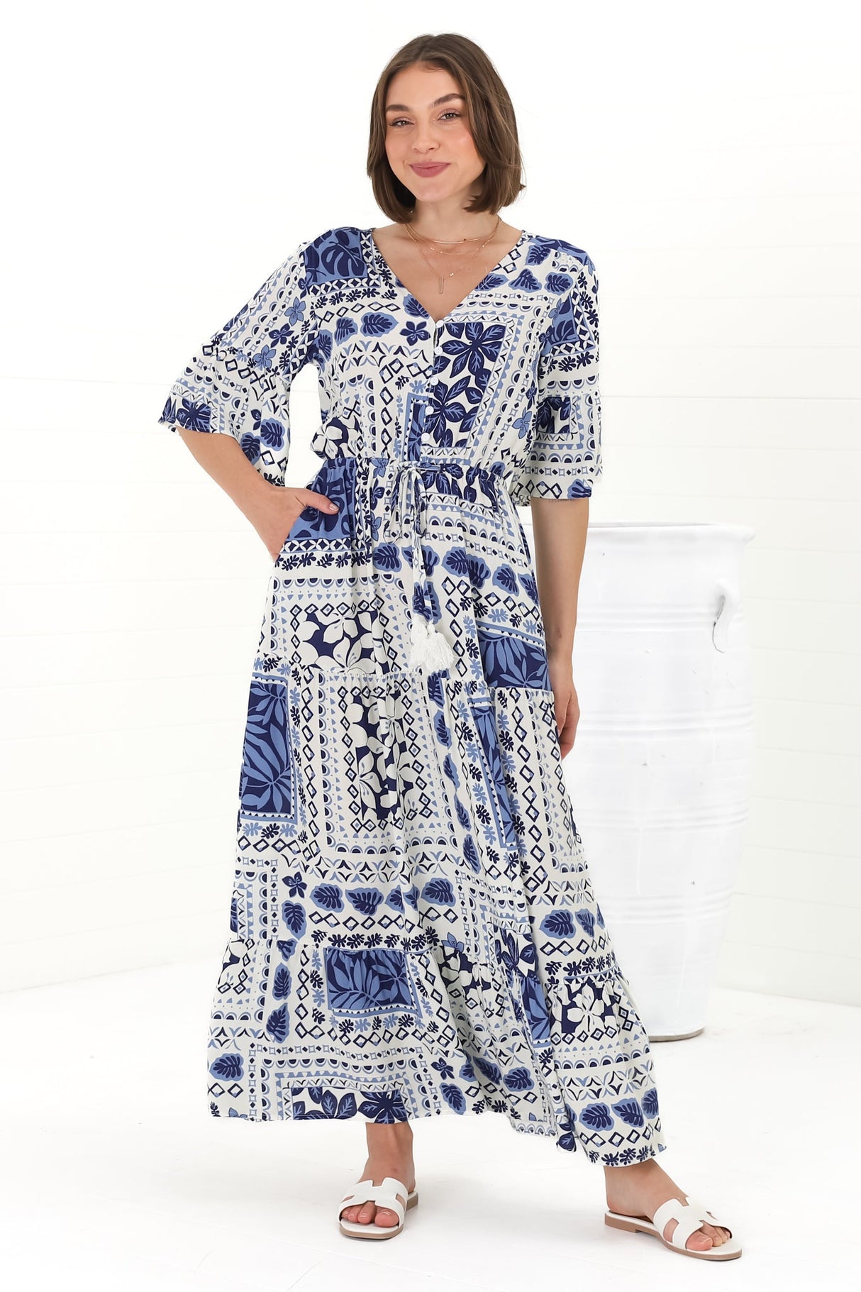 Rae Maxi Dress - Buttoned Bodice Pull Waist A Line Dress in Loa Print Blue