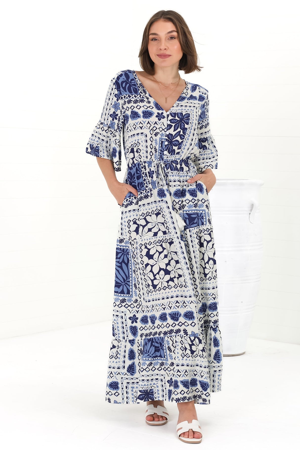 Rae Maxi Dress - Buttoned Bodice Pull Waist A Line Dress in Loa Print Blue