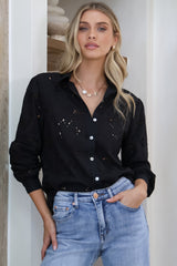 Raelynn Shirt - Button Down Hollow Out Embroidered Shirt in Black