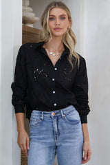 Raelynn Shirt - Button Down Hollow Out Embroidered Shirt in Black