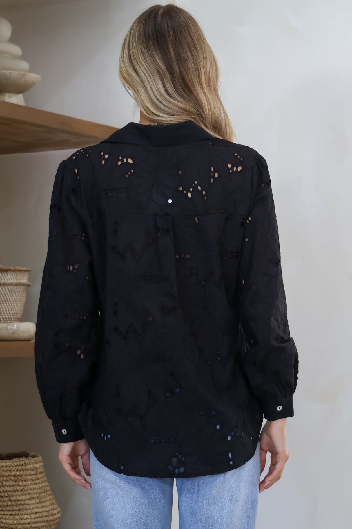Raelynn Shirt - Button Down Hollow Out Embroidered Shirt in Black