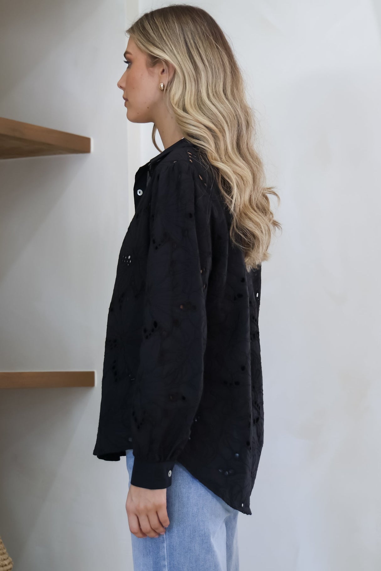 Raelynn Shirt - Button Down Hollow Out Embroidered Shirt in Black