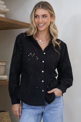 Raelynn Shirt - Button Down Hollow Out Embroidered Shirt in Black