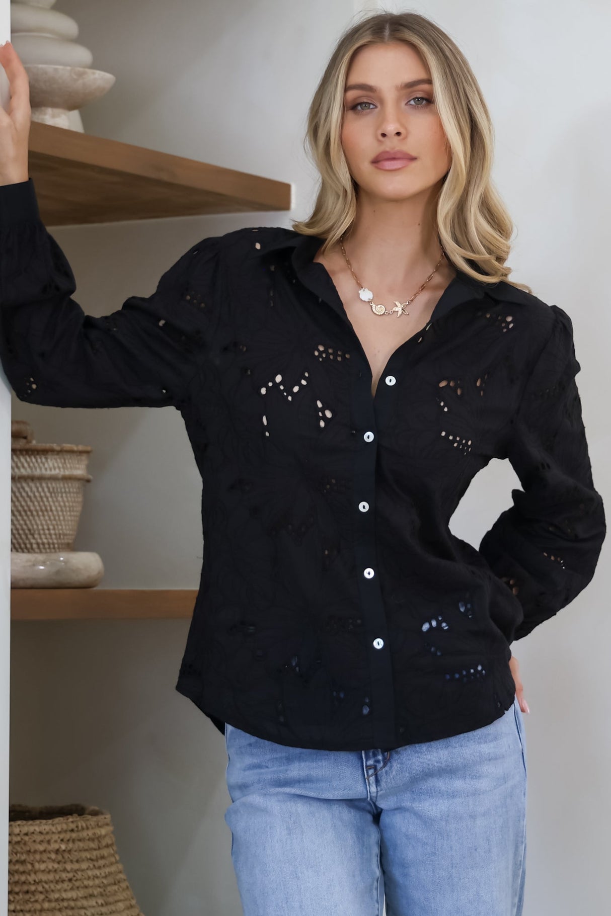 Raelynn Shirt - Button Down Hollow Out Embroidered Shirt in Black