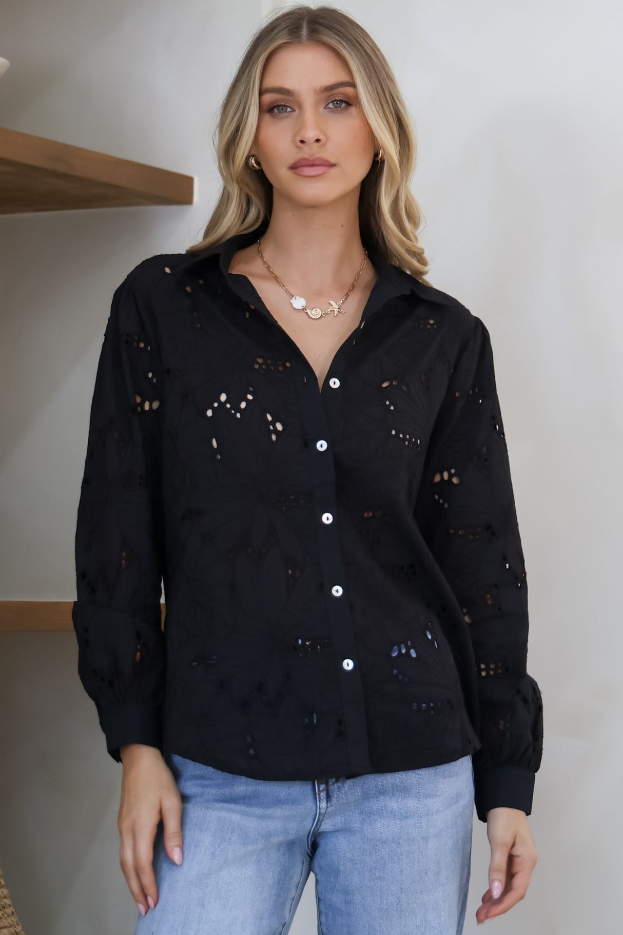Raelynn Shirt - Button Down Hollow Out Embroidered Shirt in Black
