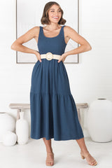 Ramsy Midi Dress - Linen Elasticated Bodice Tiered Sun Dress in Blue